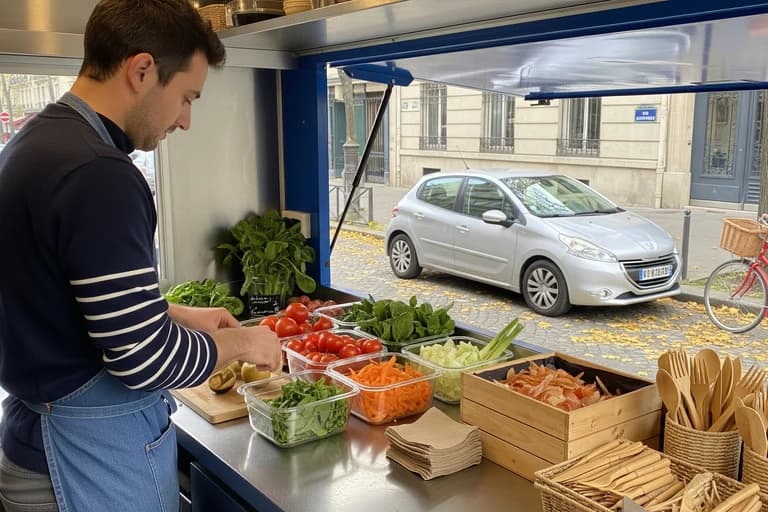 Chef préparant des légumes frais dans un food truck aménagé, ustensiles en bois pour restauration zéro déchet.