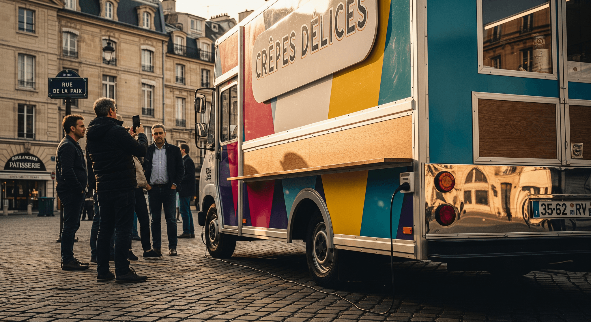 Food truck coloré 'Crêpes Délices' garé Rue de la Paix à Paris, avec comptoir en bois et passants photographiant.