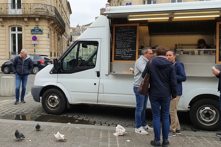 Ford Transit food truck blanc Mon Camion Resto aménagé, service traiteur de rue avec clients devant des menus ardoise.