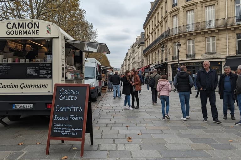 Food truck blanc 'Camion Gourmane' spécialisé en crêpes, installé sur une rue pavée animée. Un concept mobile de restauration.