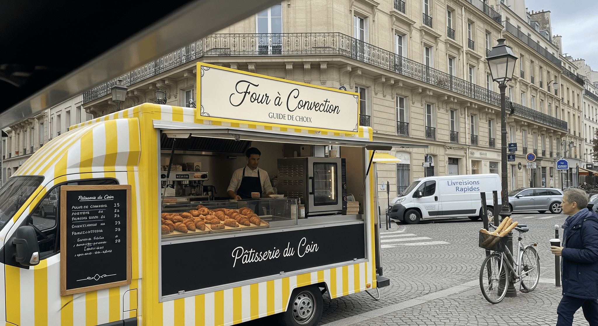Food truck pâtisserie aux rayures jaunes et blanches, intégrant un four à convection professionnel et un comptoir de vente de viennoiseries.