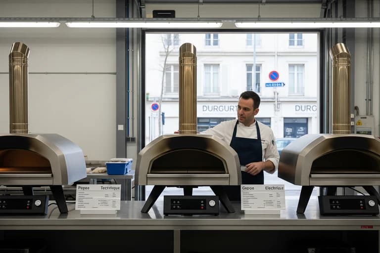Trois fours à pizza professionnels compacts pour food truck, à bois, gaz ou électrique, présentés par un chef.