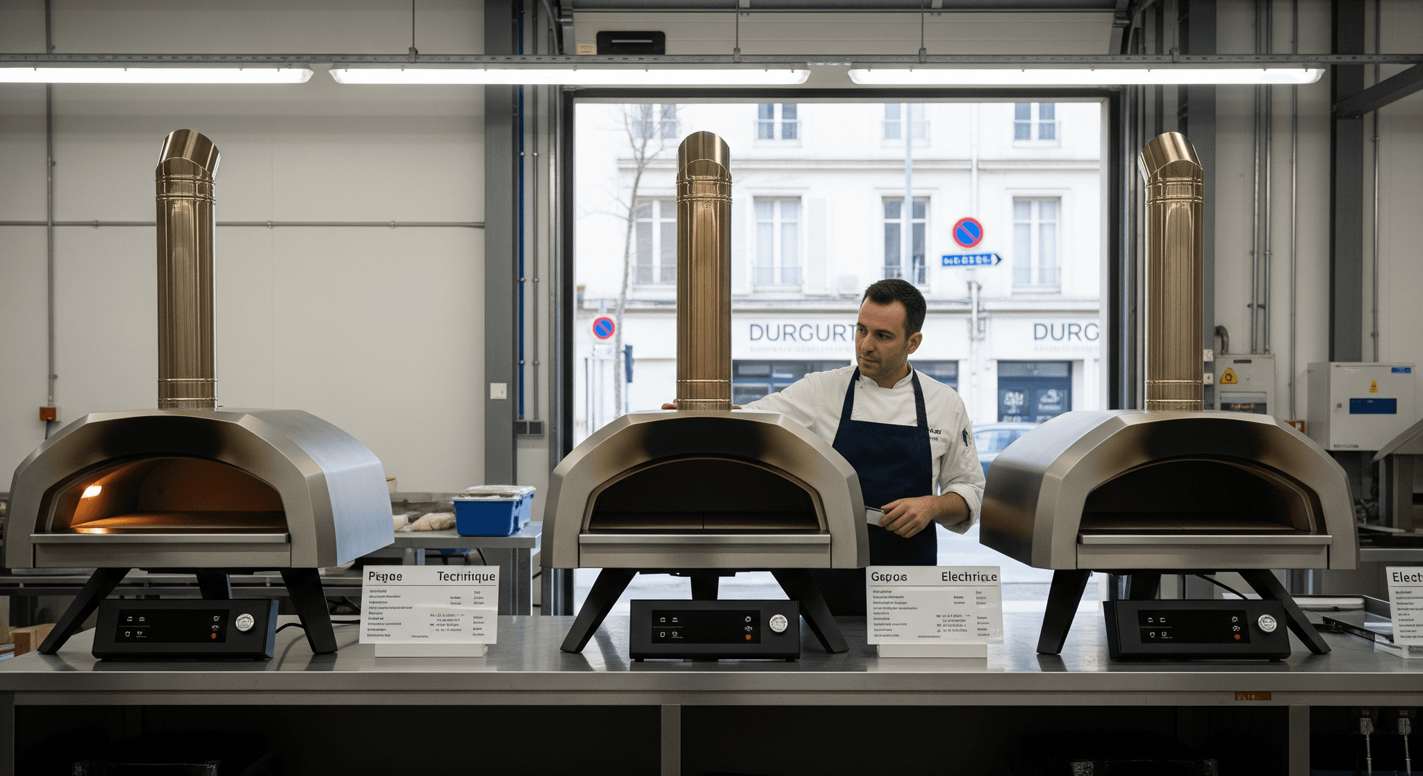 Trois fours à pizza professionnels compacts pour food truck, à bois, gaz ou électrique, présentés par un chef.