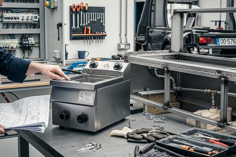 Technicien inspectant une friteuse professionnelle en inox lors de l'aménagement sur mesure d'un food truck.