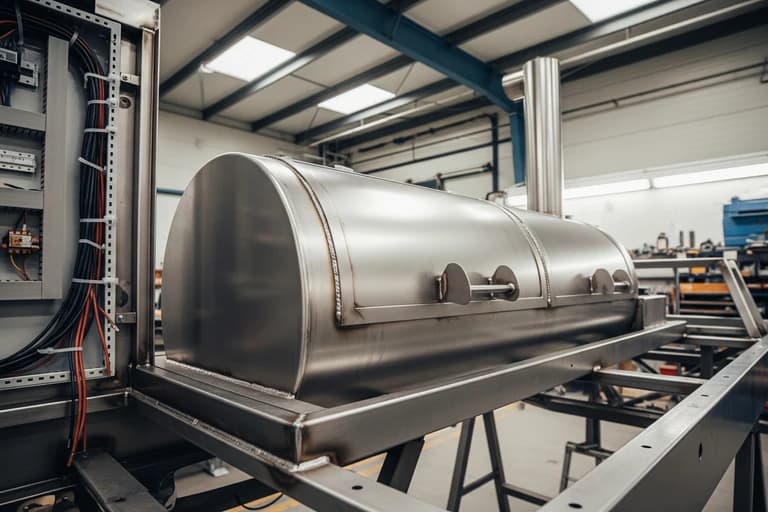 Fumoir professionnel en inox pour food truck BBQ, intégré sur châssis avec cheminée, en atelier MCR.