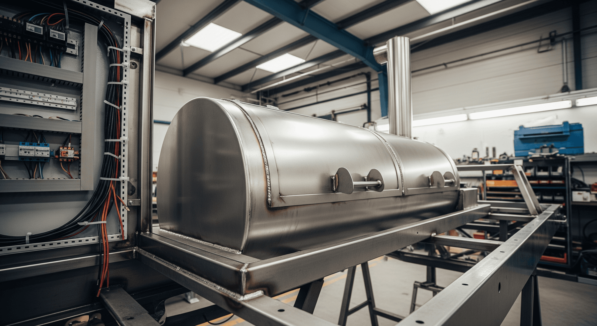 Fumoir professionnel en inox pour food truck BBQ, intégré sur châssis avec cheminée, en atelier MCR.