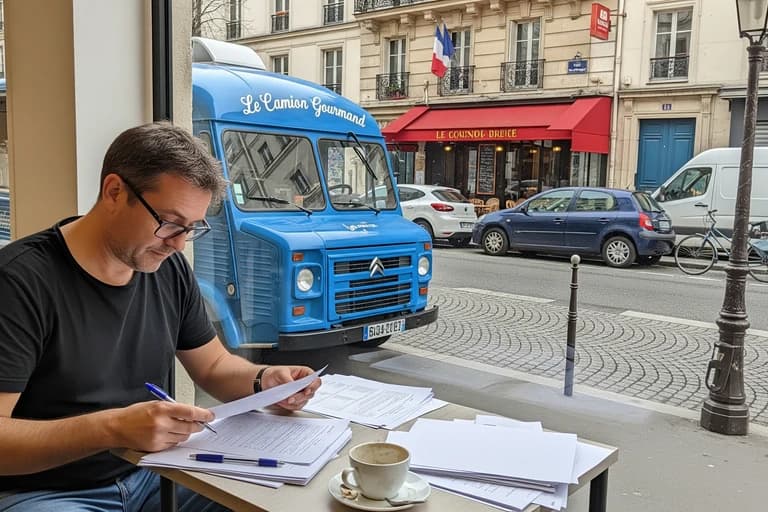 Entrepreneur étudiant des documents, un food truck Citroën HY bleu "Le Camion Gourmand" visible en arrière-plan urbain.
