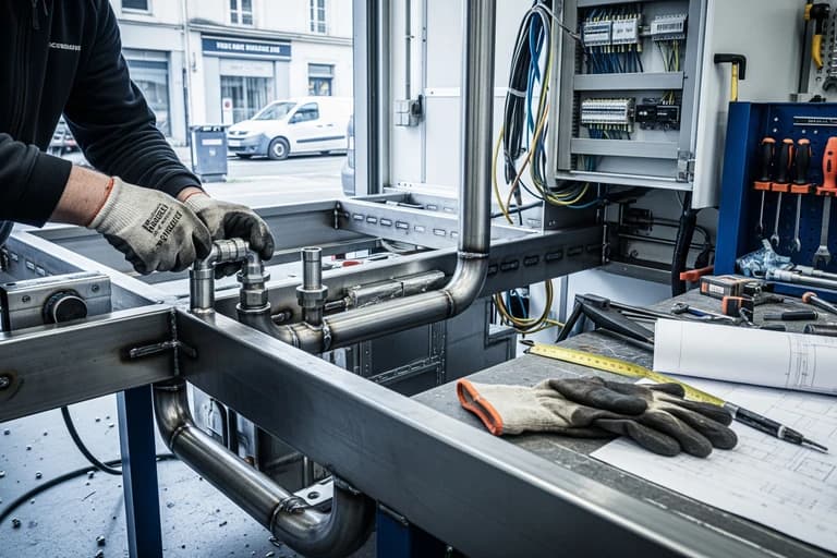 Technicien installant un réseau de plomberie en acier inoxydable pour la gestion des eaux usées d'un food truck.