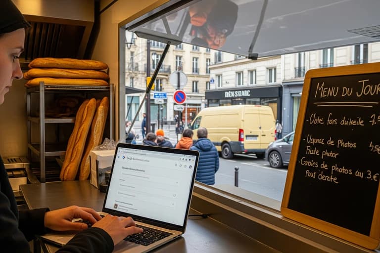 Gestionnaire actualisant un profil Google Business depuis son food truck, ambiance boulangerie avec baguettes exposées et rue animée.