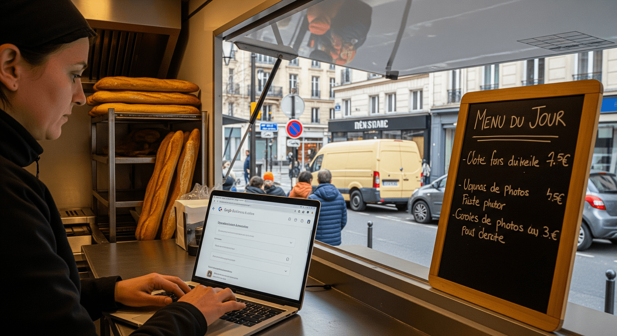 Gestionnaire actualisant un profil Google Business depuis son food truck, ambiance boulangerie avec baguettes exposées et rue animée.