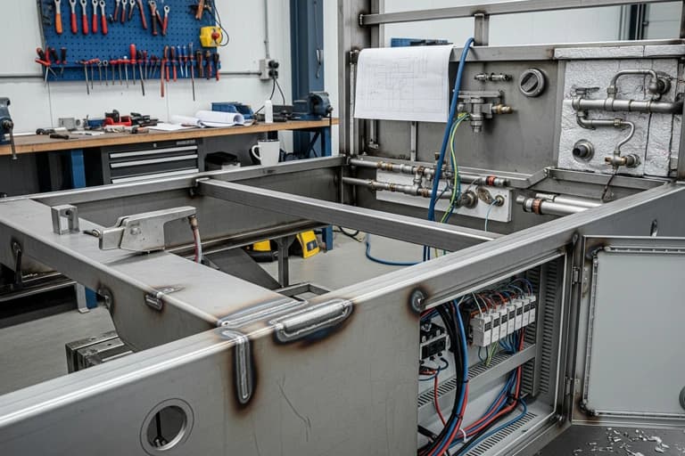Châssis inox robuste pour grill barbecue professionnel intégré, avec systèmes de plomberie et électrique.