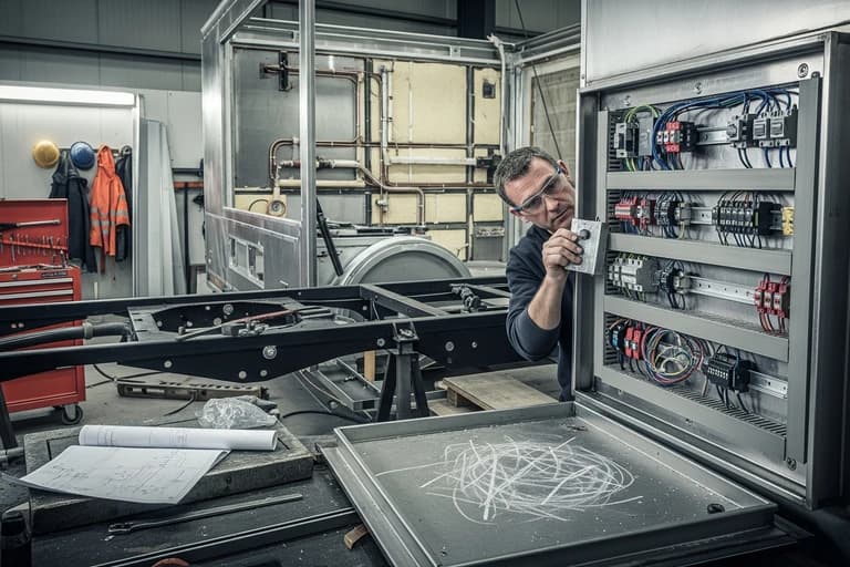 Technicien MCR configure un tableau électrique complexe pour l'alimentation d'un food truck professionnel en fabrication.