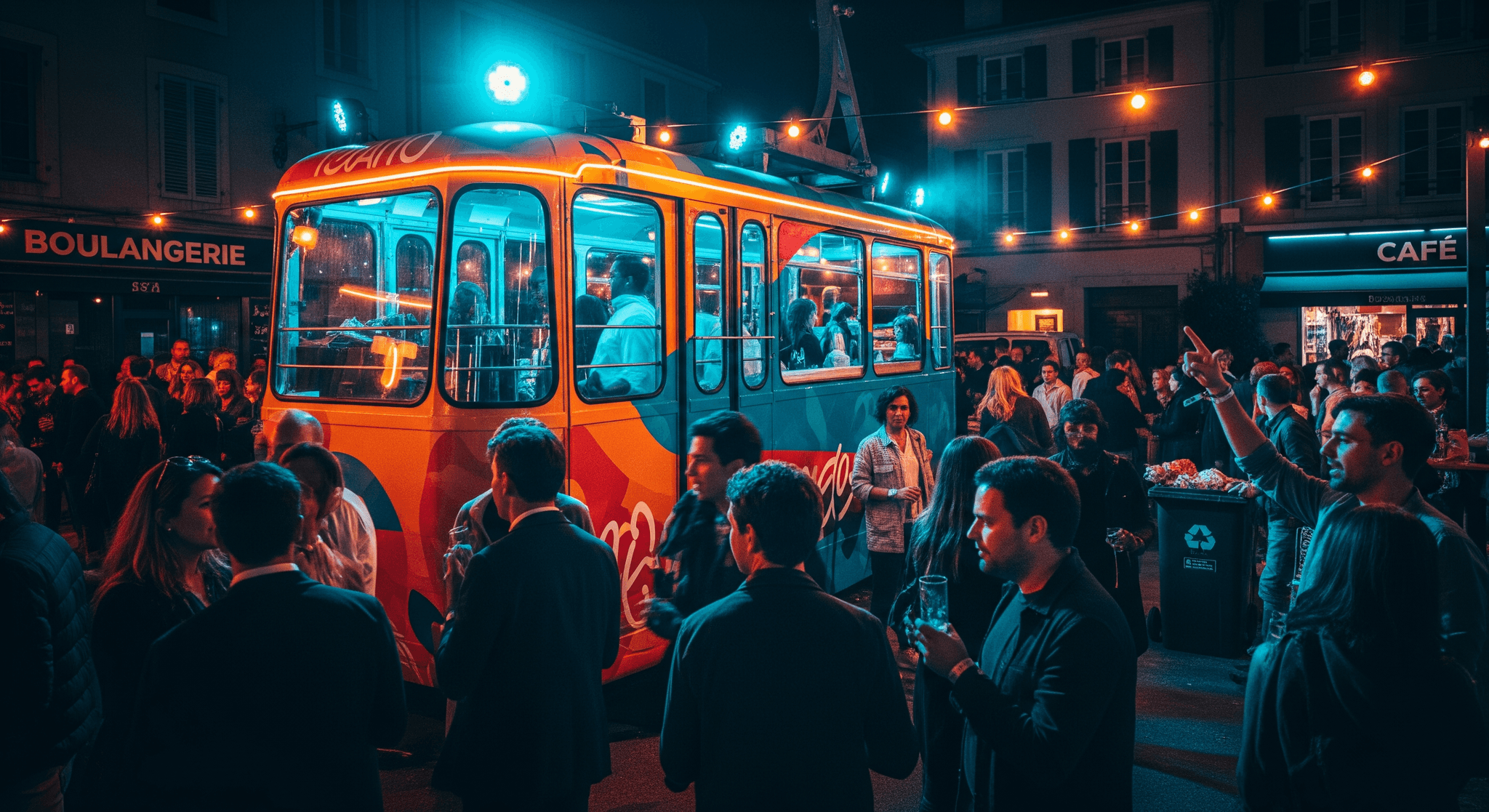 Concept mobile : télécabine aménagée en bar lumineux au milieu d'une foule lors d'un événement nocturne urbain.