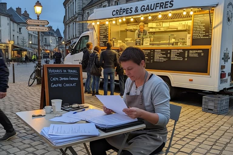 Femme en tablier gérant des documents administratifs devant un food truck crêpes et gaufres. Panneau "Horaires de travail" visible.