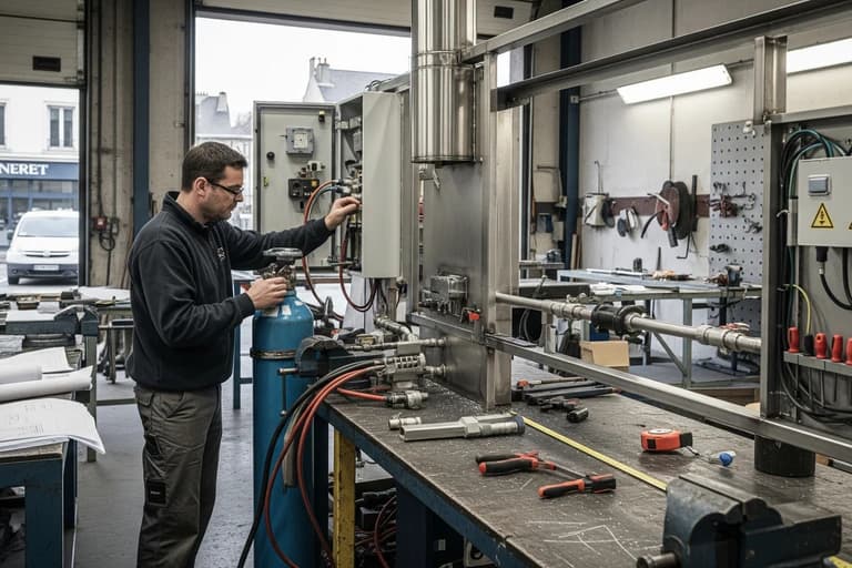 Installation gaz NF DTU pour food truck : technicien qualifié ajustant un système professionnel en inox dans l'atelier MCR.