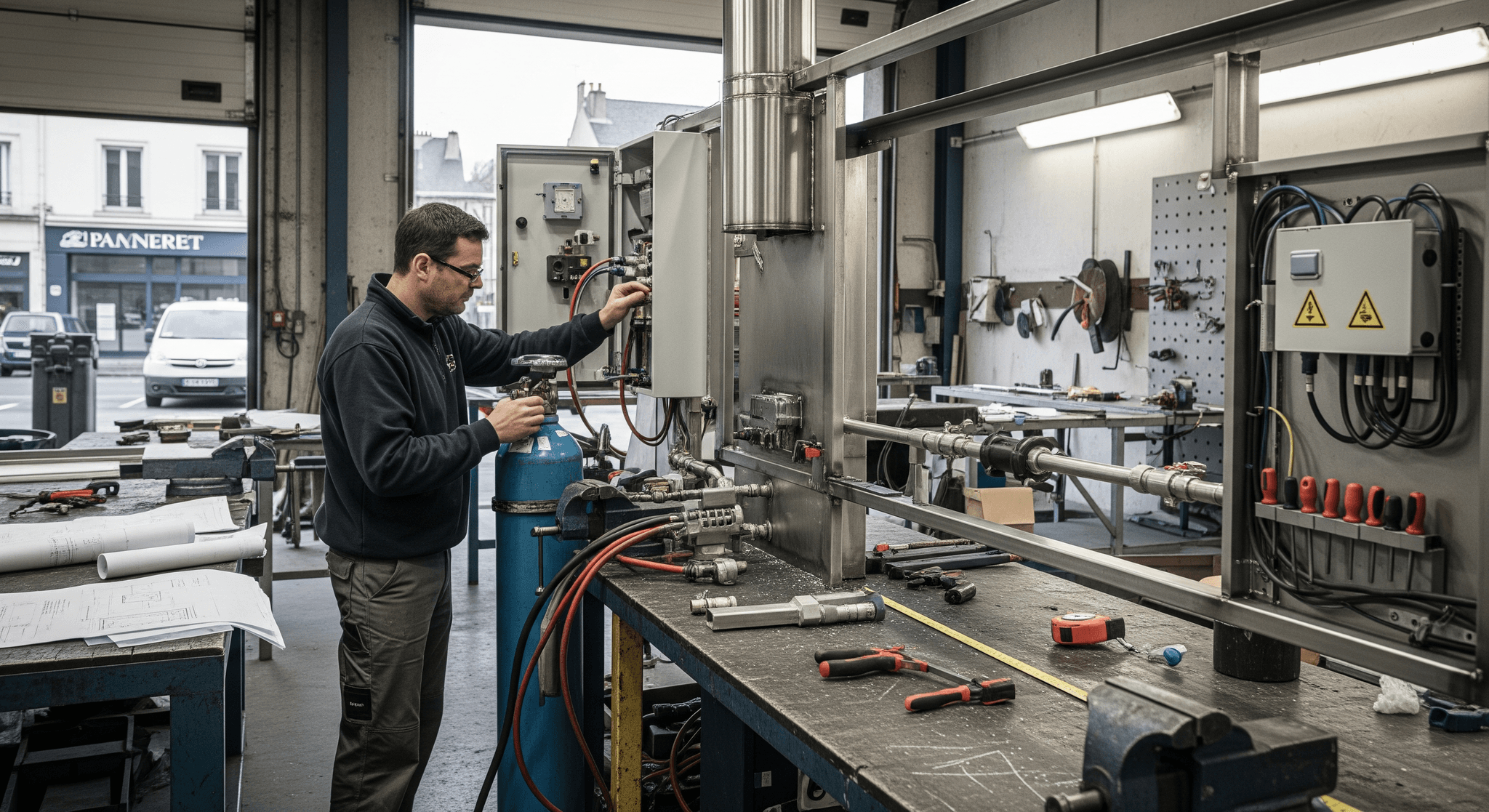 Installation gaz NF DTU pour food truck : technicien qualifié ajustant un système professionnel en inox dans l'atelier MCR.