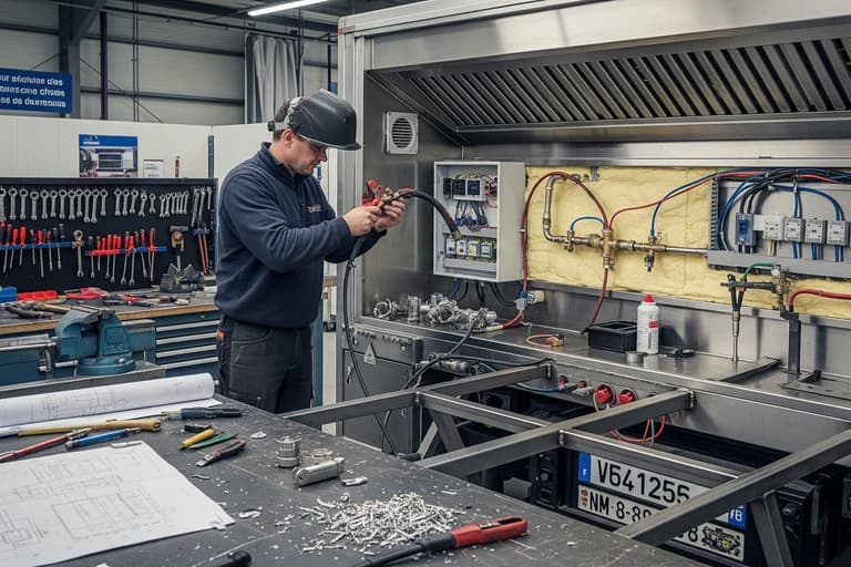Technicien installe le réseau gaz et électrique dans l'aménagement intérieur d'un food truck en acier inoxydable.
