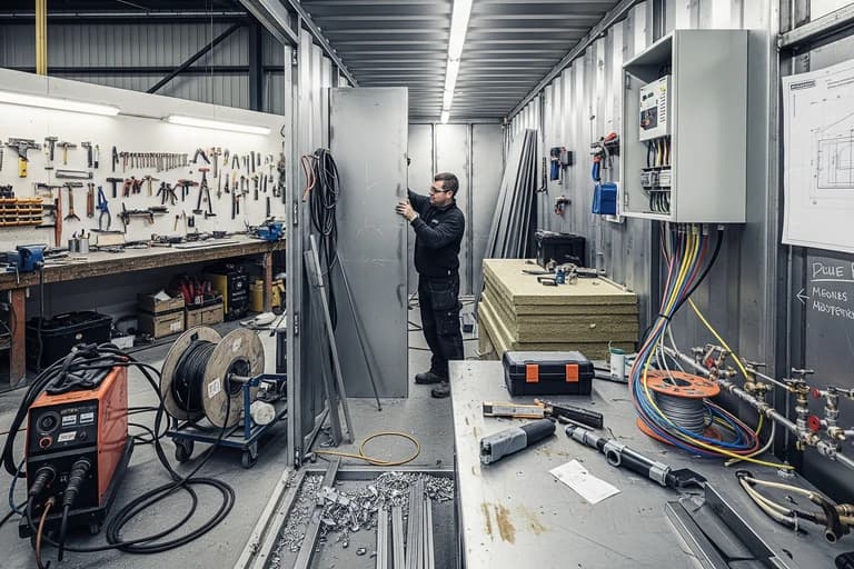 Ouvrier installant un revêtement mural intérieur dans un container aménagé avec isolation thermique pour restauration.
