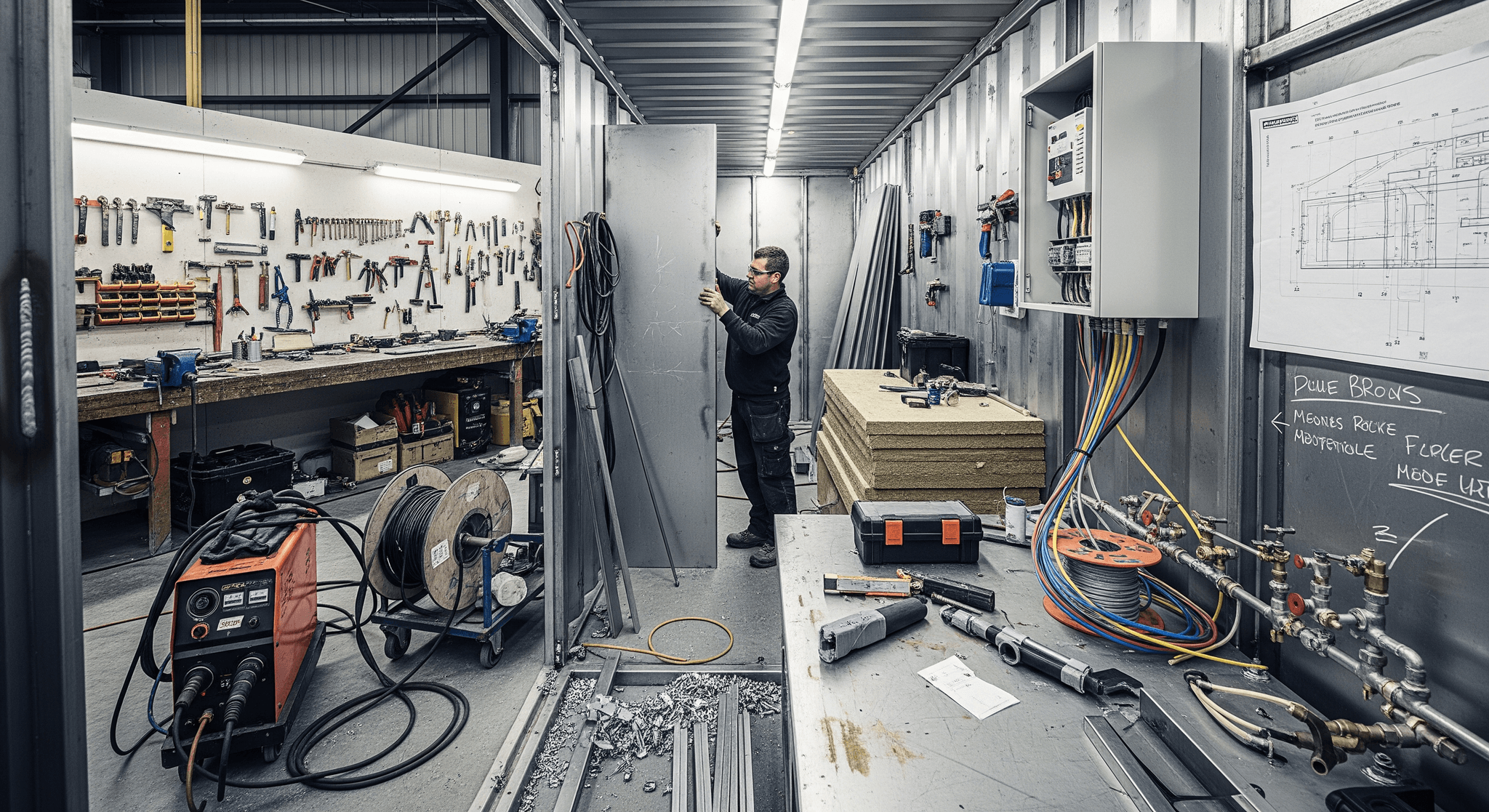 Ouvrier installant un revêtement mural intérieur dans un container aménagé avec isolation thermique pour restauration.