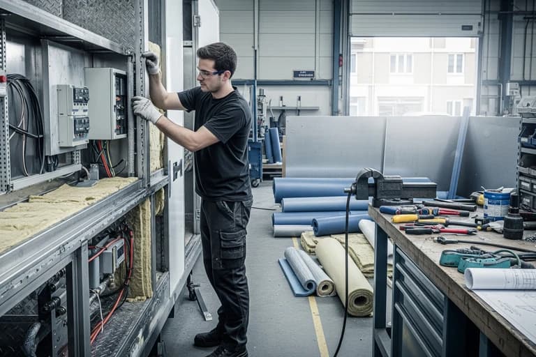 Technicien installant l'isolation thermique et phonique et le système électrique d'un food truck