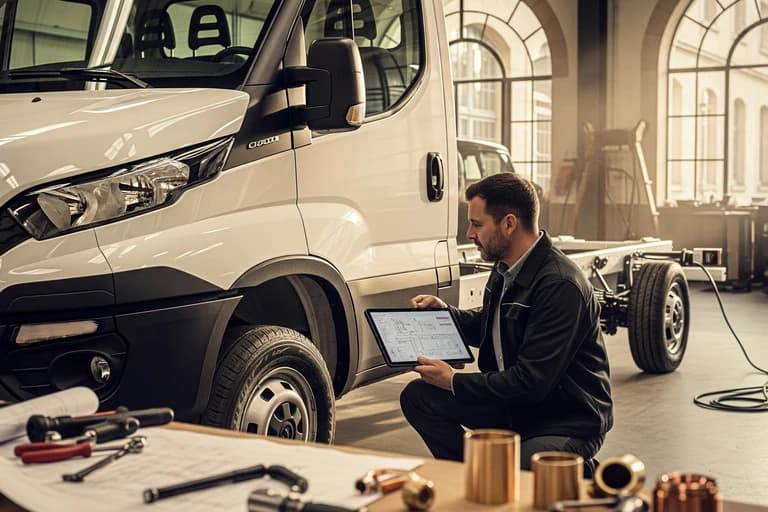 Technicien MCR examinant les plans d'aménagement d'un châssis Iveco Daily pour food truck.