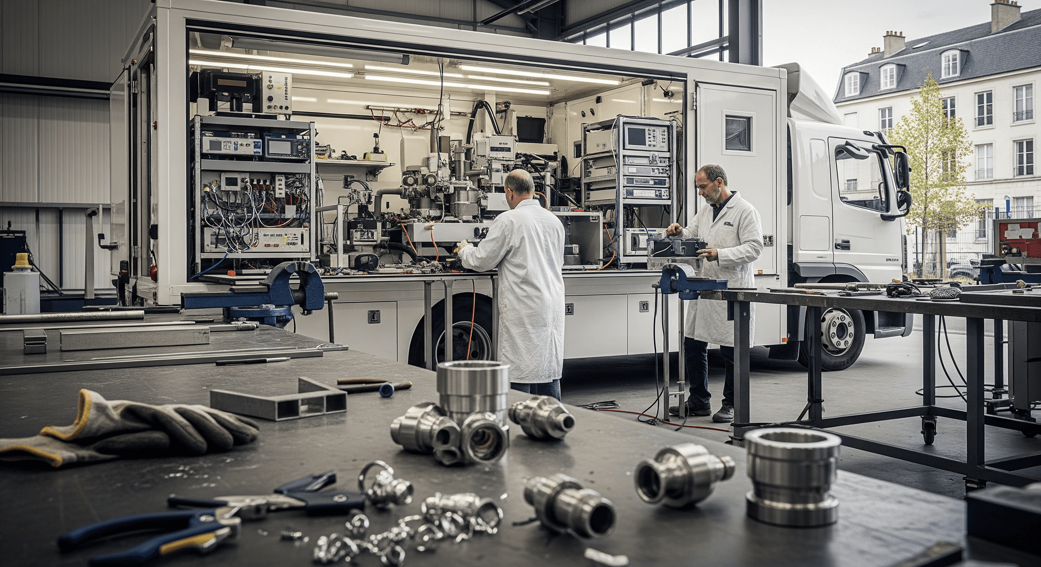 Aménagement d'un camion laboratoire mobile MCR pour analyses itinérantes, avec techniciens à l'œuvre et équipement complexe.