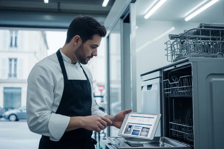 Chef en tablier examinant un lave-vaisselle compact professionnel ouvert, comparant des modèles sur tablette pour food truck.