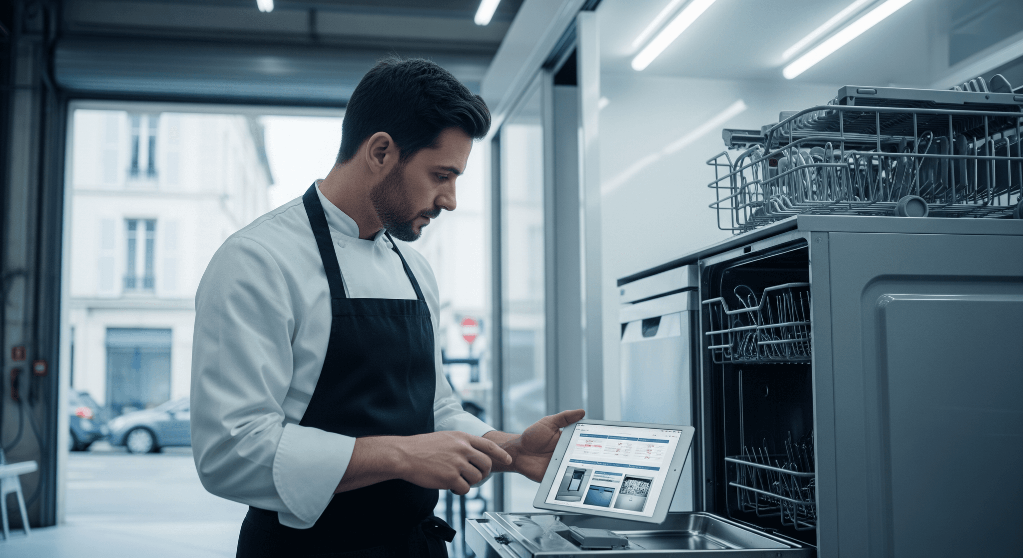 Chef en tablier examinant un lave-vaisselle compact professionnel ouvert, comparant des modèles sur tablette pour food truck.