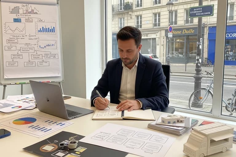 Consultant étudiant la stratégie Lean Startup pour un projet food truck, entouré de graphiques et maquettes.