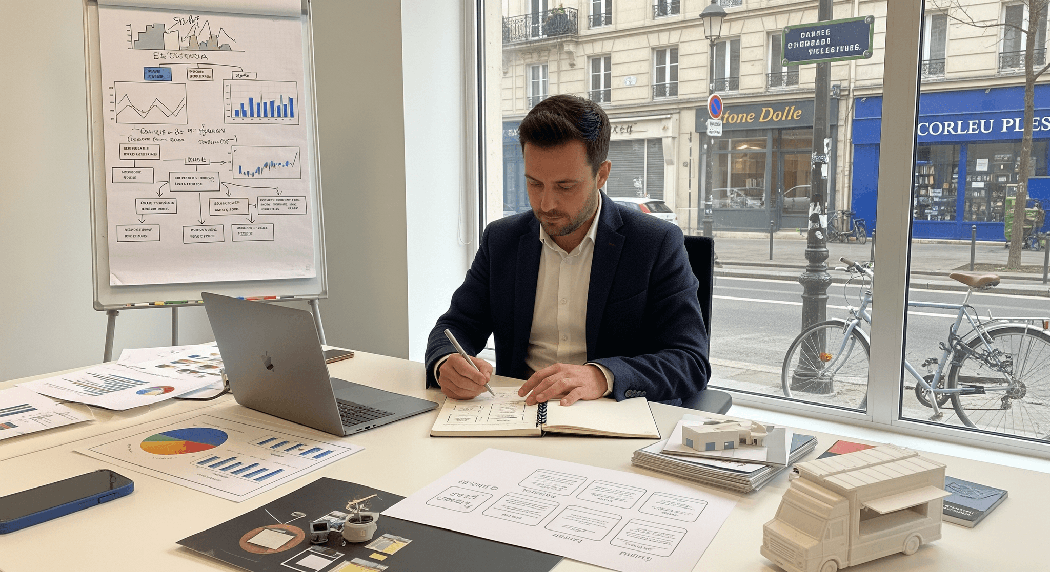 Consultant étudiant la stratégie Lean Startup pour un projet food truck, entouré de graphiques et maquettes.