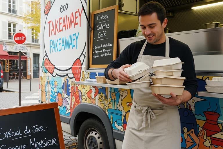 Cuisinier souriant avec packagings écologiques devant un food truck crêperie coloré MCR