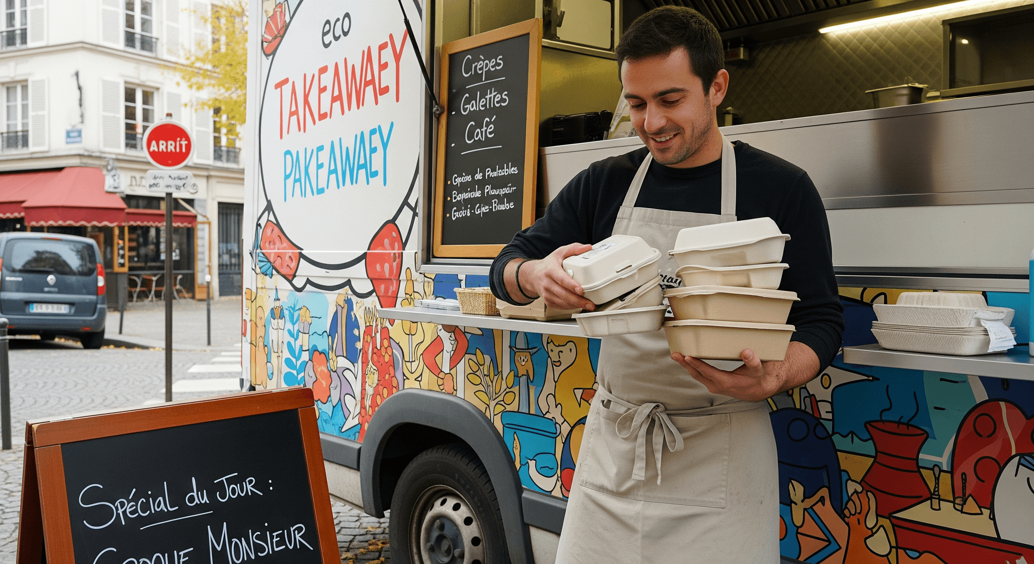 Cuisinier souriant avec packagings écologiques devant un food truck crêperie coloré MCR