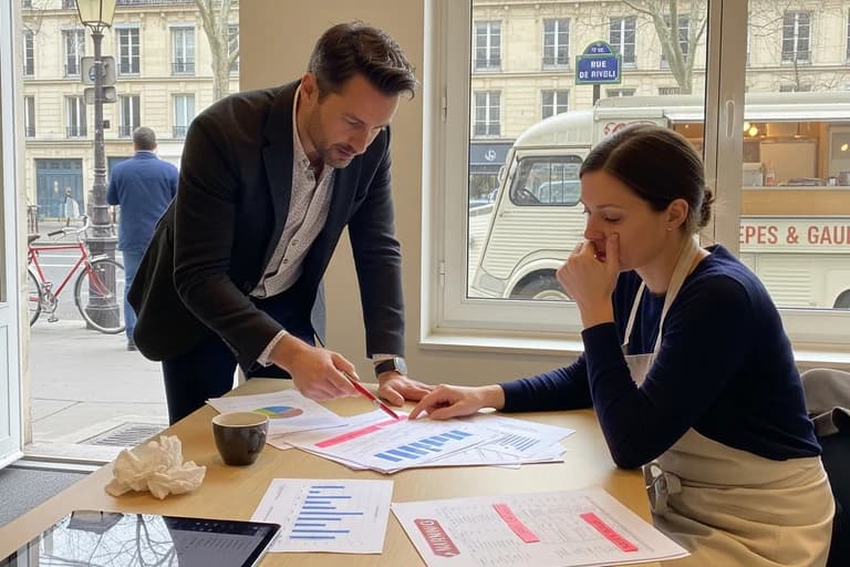 Consultant et entrepreneuse examinent des données de projet food truck ; un camion Citroën HY crêperie est visible dehors.