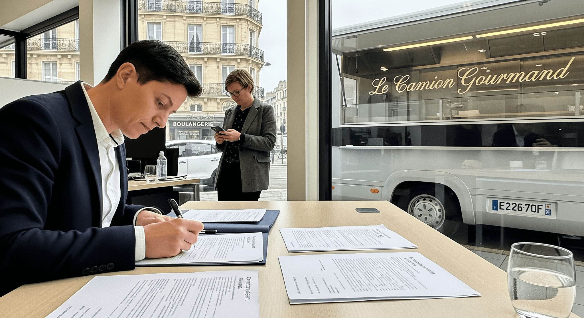 Client signant un contrat LOA pour un food truck professionnel vitré « Le Camion Gourmand » de MCR.