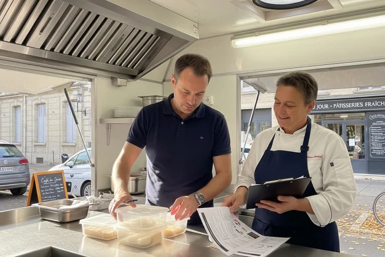Deux professionnels organisent des ingrédients dans un food truck MCR avec équipement de cuisine professionnel en inox.