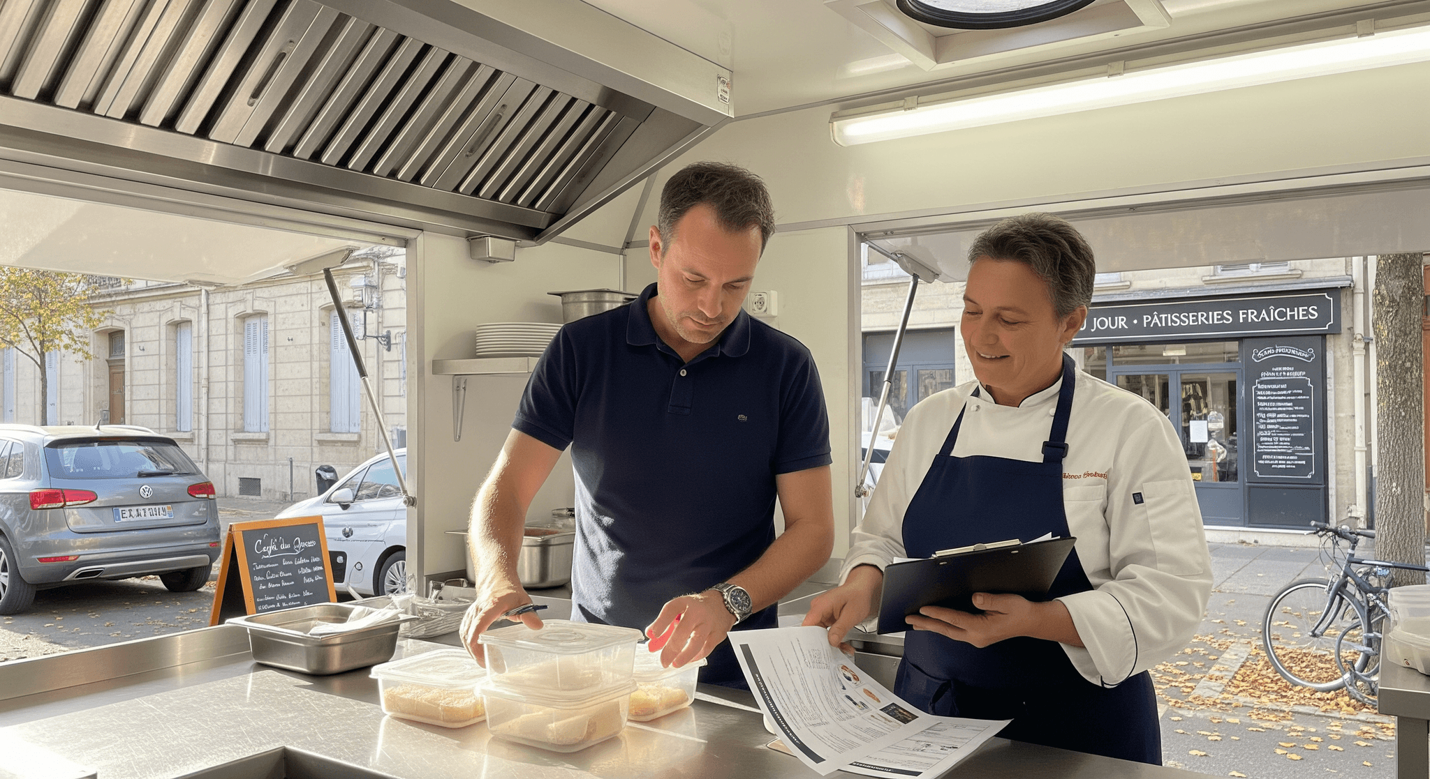 Deux professionnels organisent des ingrédients dans un food truck MCR avec équipement de cuisine professionnel en inox.