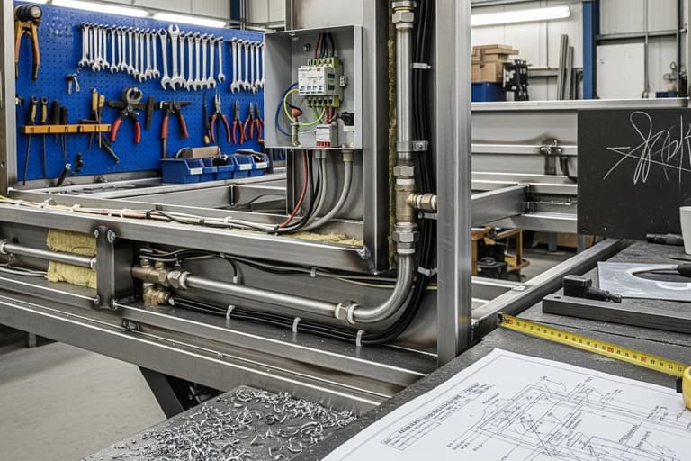 Structure interne d'un food truck en fabrication, avec câblage électrique, tuyauterie et isolation thermique visibles.