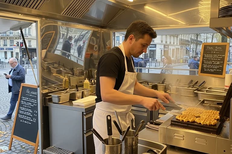Aménagement food truck : chef préparant des gaufres sur machine professionnelle, cuisine inox.