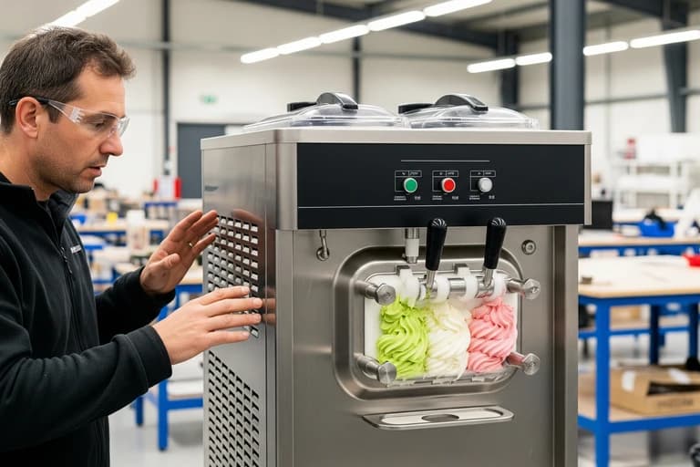 Contrôle qualité d'une machine à glace italienne professionnelle en acier inox triple parfum, essentielle pour food truck.