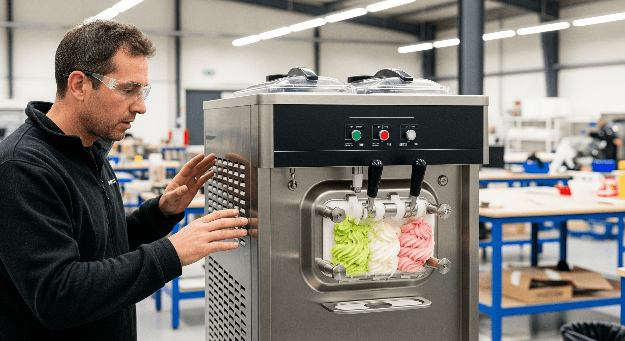 Contrôle qualité d'une machine à glace italienne professionnelle en acier inox triple parfum, essentielle pour food truck.