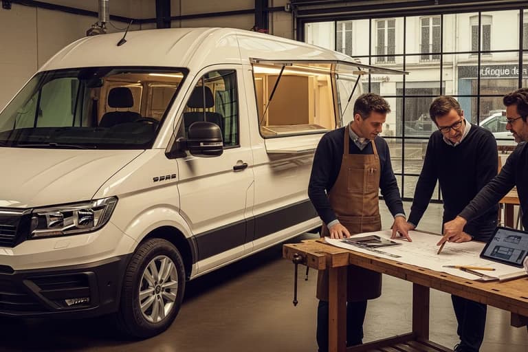 Food truck MAN TGE blanc avec guichet de vente ouvert, trois professionnels examinent des plans d'aménagement.
