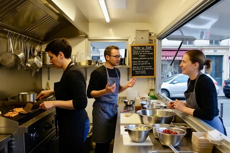 Trois cuisiniers professionnels en pleine activité dans un food truck Mon Camion Resto, équipés d'une plancha et hotte.