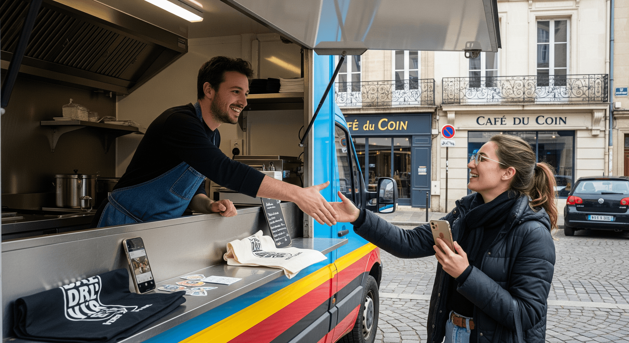 Vendeur souriant dans un food truck bleu, jaune et rouge, tend la main à une cliente. Aménagement de cuisine professionnel.