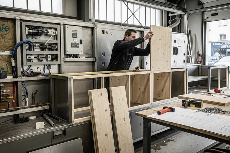 Menuisier installant des meubles en bois sur mesure dans l'aménagement intérieur d'un food truck en fabrication.