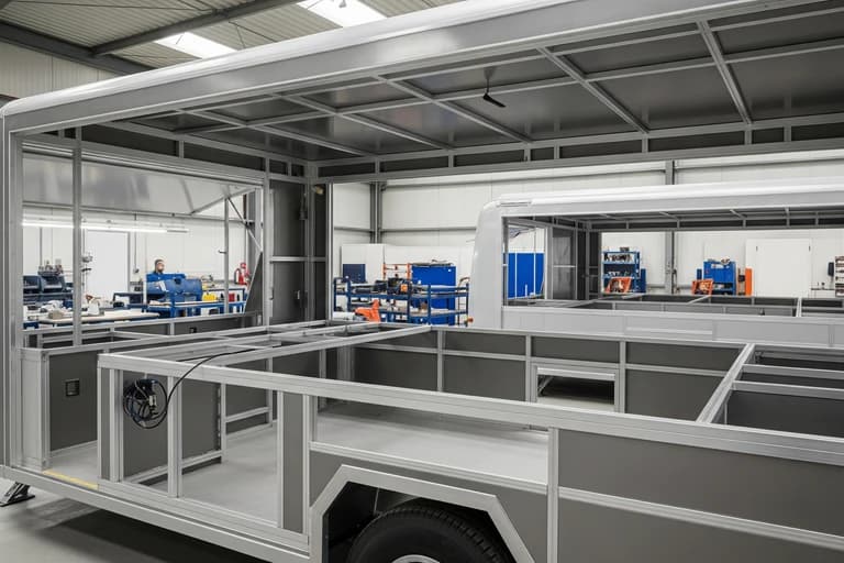 Structure aluminium d'une remorque food truck en cours de fabrication dans l'atelier MCR, avec aménagement intérieur visible.