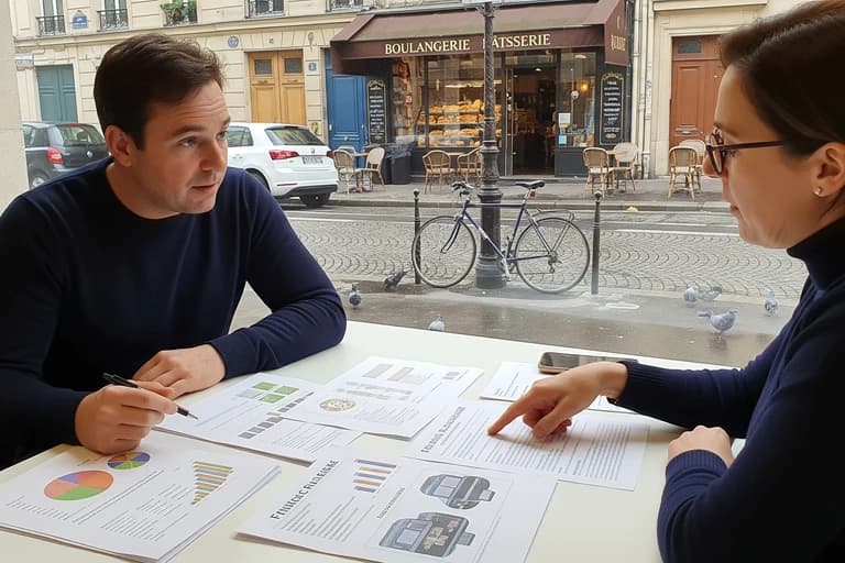 Porteurs de projet étudiant des plans de financement et d'agencement pour un futur concept de restauration mobile.