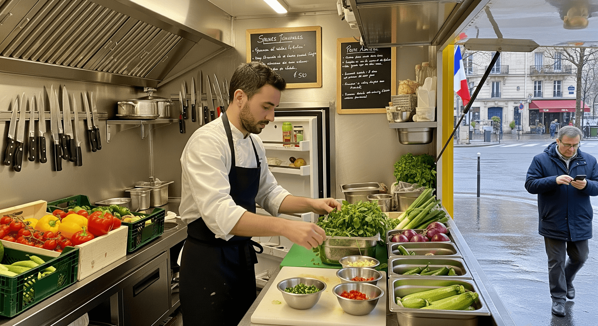 Chef en pleine préparation culinaire dans la cuisine professionnelle d'un food truck. Aménagement inox optimisé, équipements CHR et légumes frais.