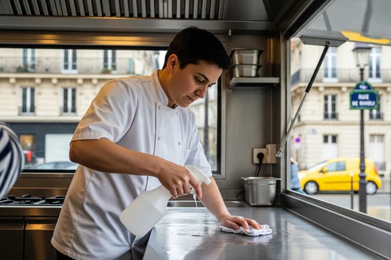 Chef nettoie la surface de travail en inox d'un food truck, appliquant un protocole d'hygiène essentiel en restauration mobile.