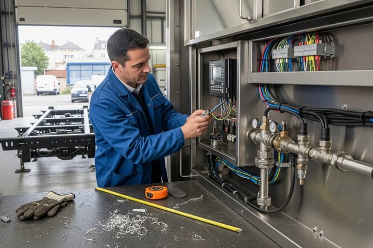 Technicien installant les systèmes électriques et de plomberie d'un food truck en atelier MCR.