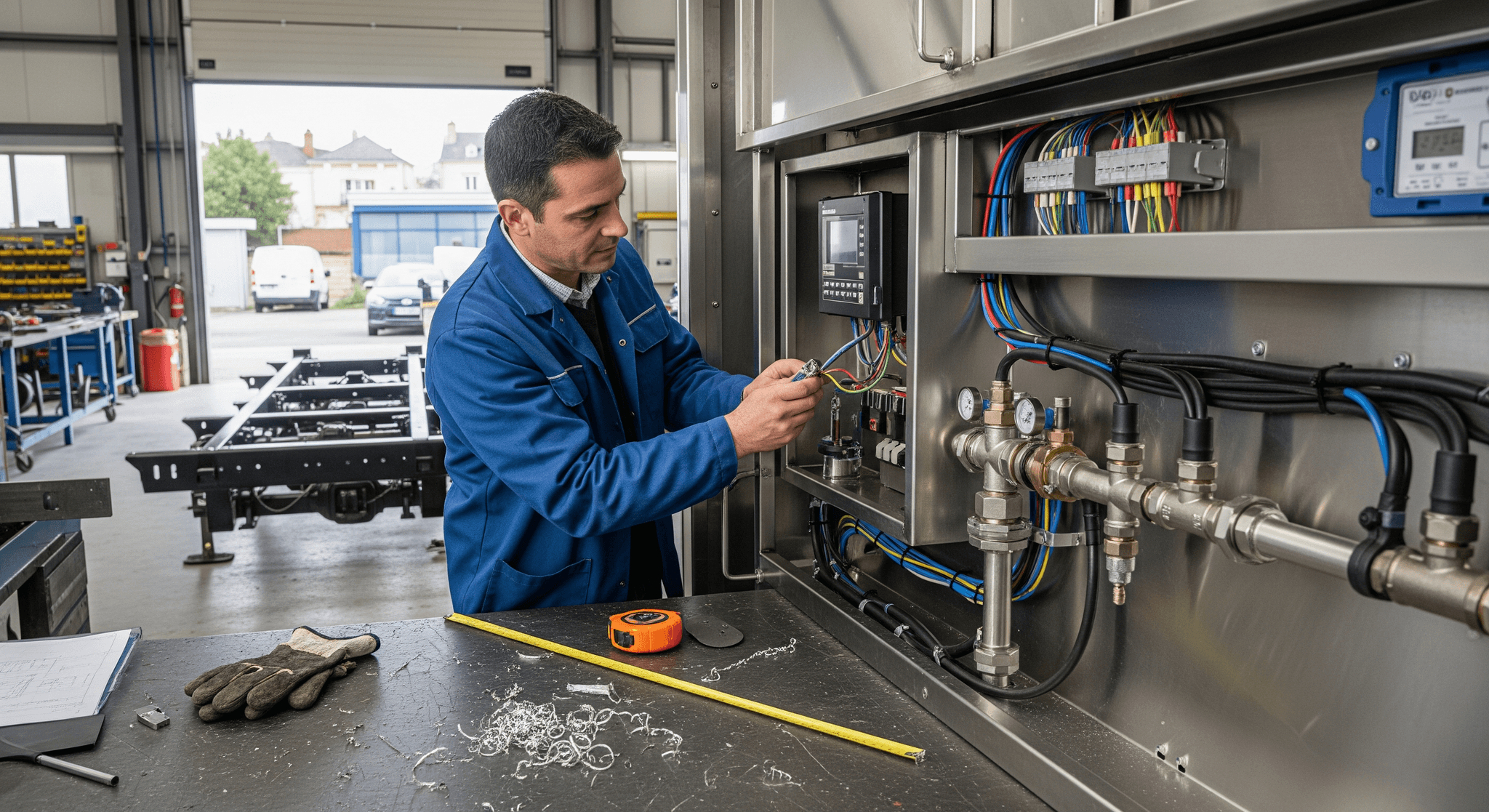 Technicien installant les systèmes électriques et de plomberie d'un food truck en atelier MCR.